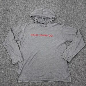 Polo Jeans Co. Hoodie Mens Medium Gray Striped Jersey Pullover Lightweight Logo
